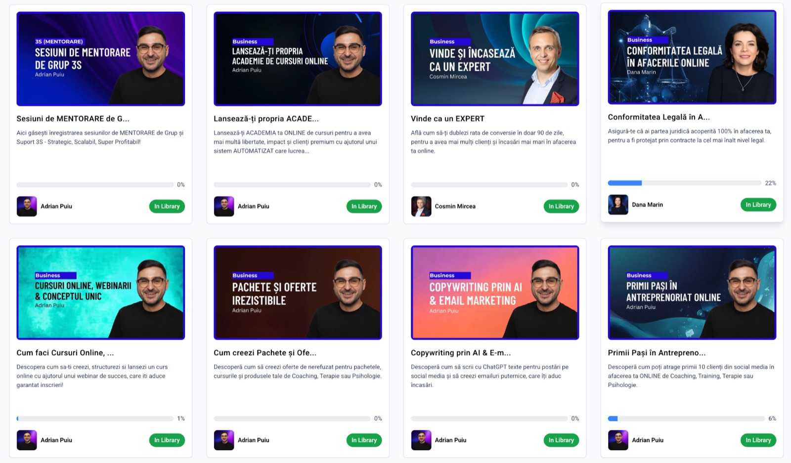 Interfața cursurilor online din Academia Experților