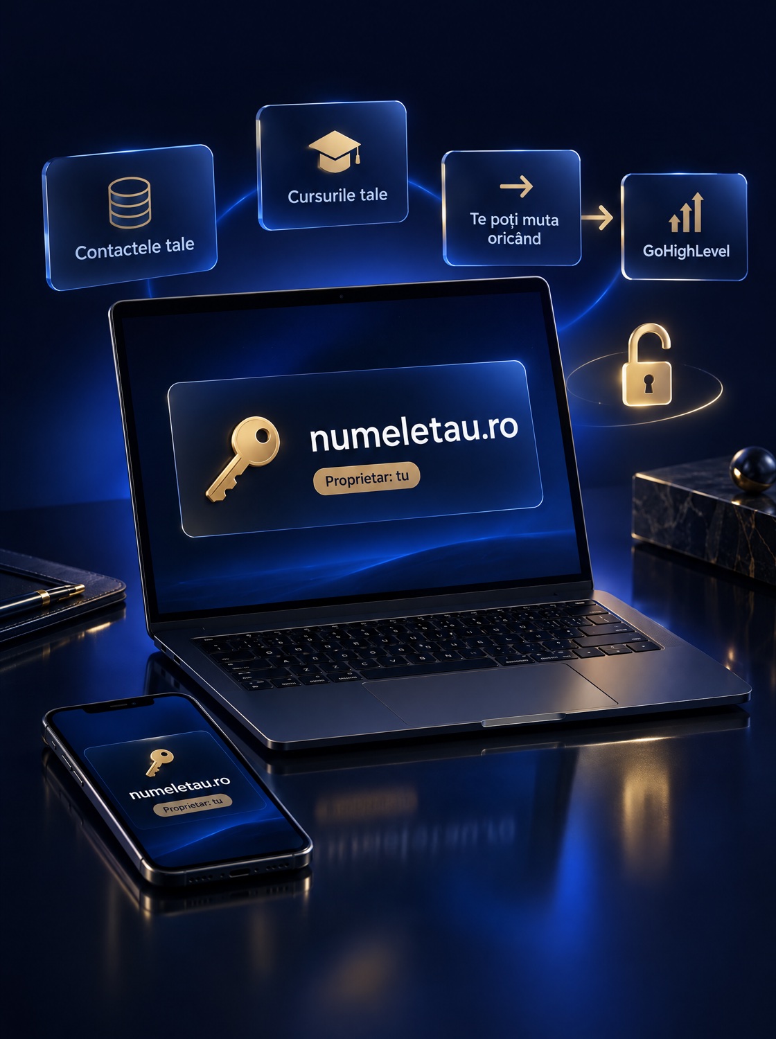 Domeniul pe numele tău, contactele și cursurile tale, cu libertatea de a te muta oricând
