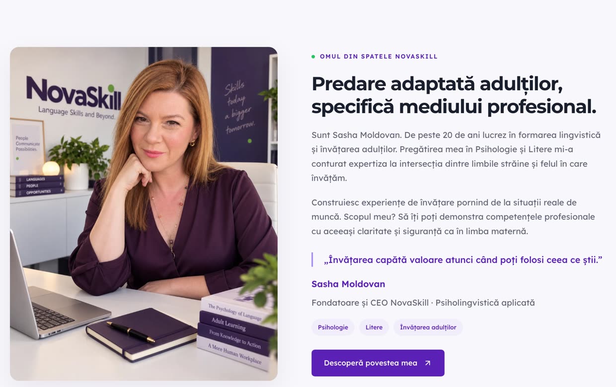 Sasha Moldovan, fondatoare și CEO NovaSkill, pe platforma ei