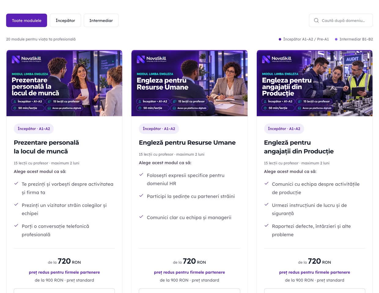 Lista de module de engleză profesională de pe NovaSkill