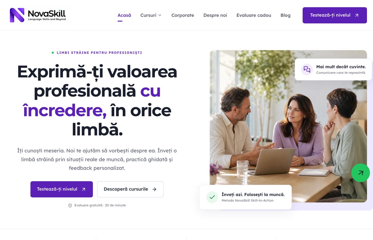 Prima pagină a platformei NovaSkill, cu titlul Exprimă-ți valoarea profesională cu încredere, în orice limbă