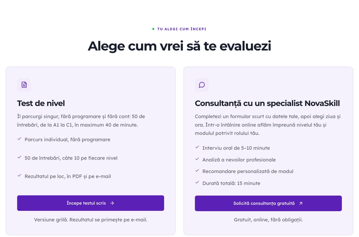 Pagina de evaluare NovaSkill cu testul de nivel și consultanța cu un specialist