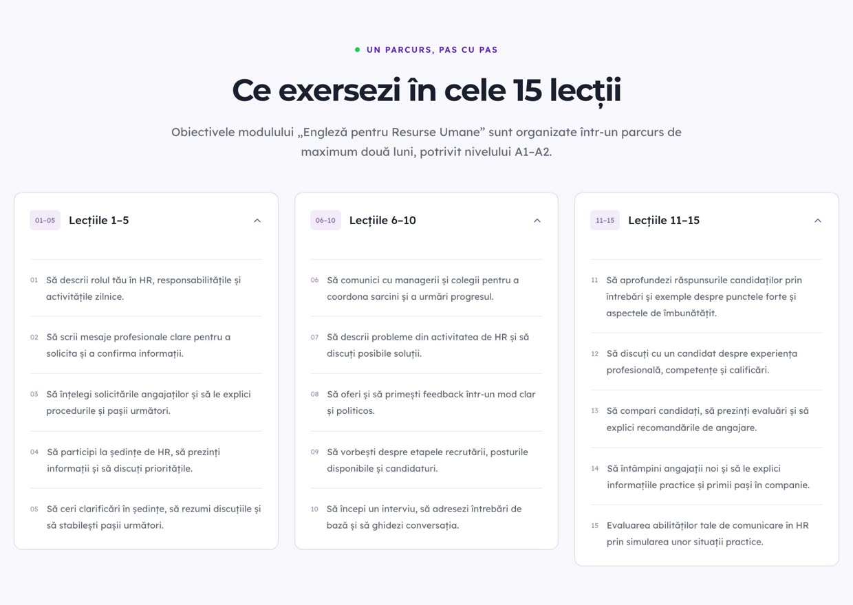 Pagina unui modul NovaSkill cu cele 15 lecții grupate