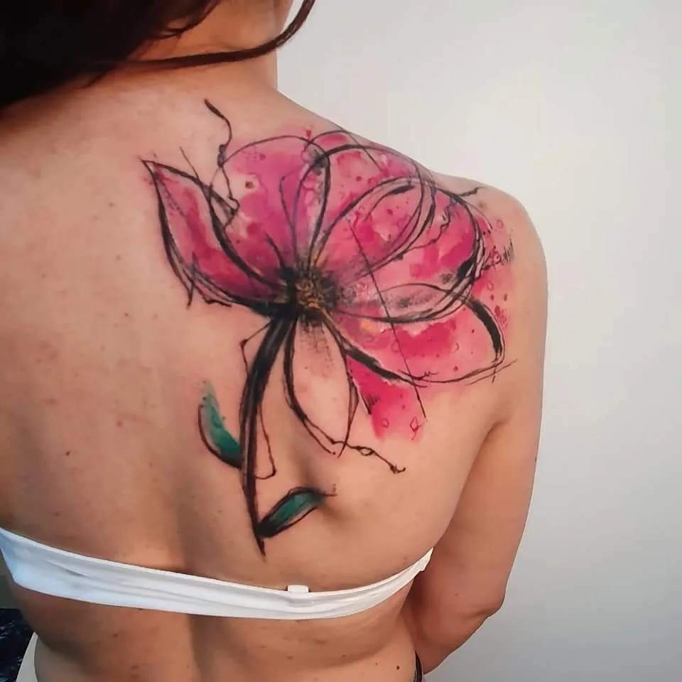 Abstract watercolor flower tattoo on the back, original artwork by UberDerek