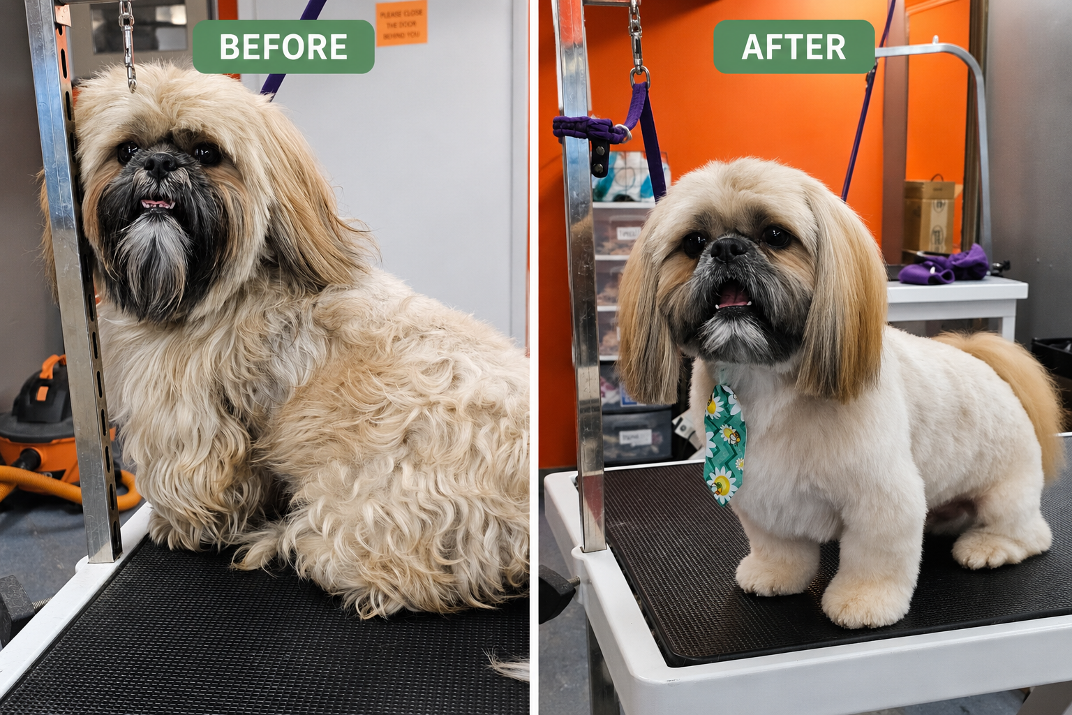Small dog before and after grooming by Valerie