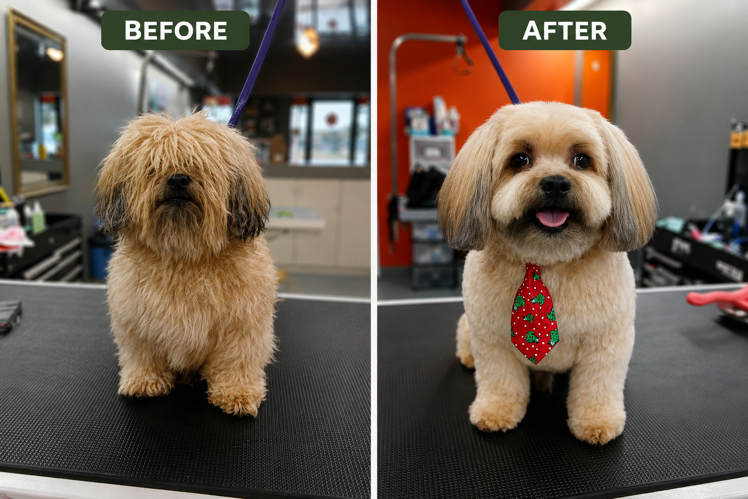 Small dog before and after grooming by Valerie