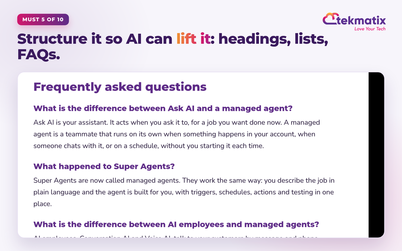 Screenshot of the FAQ section of a live Tekmatix guide with question headings and direct answers