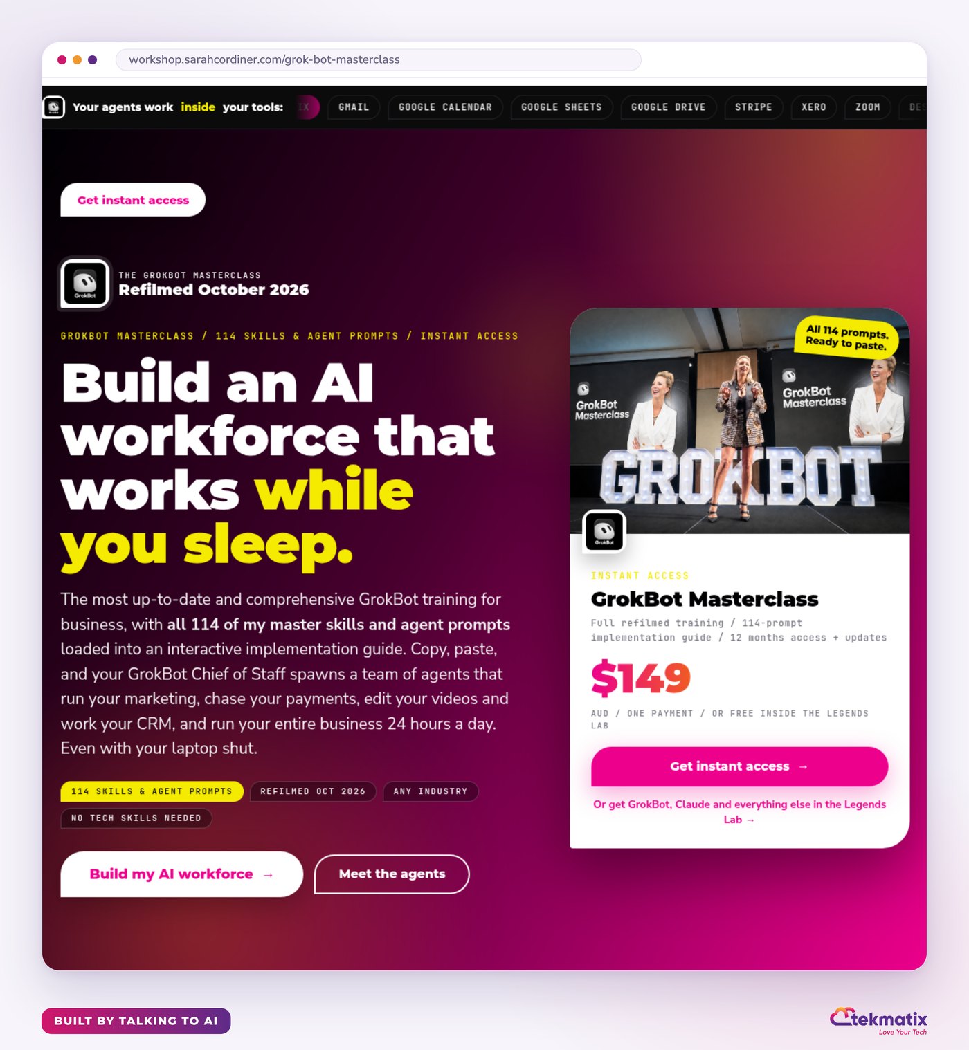 GrokBot Masterclass sales page built by talking to AI in Tekmatix