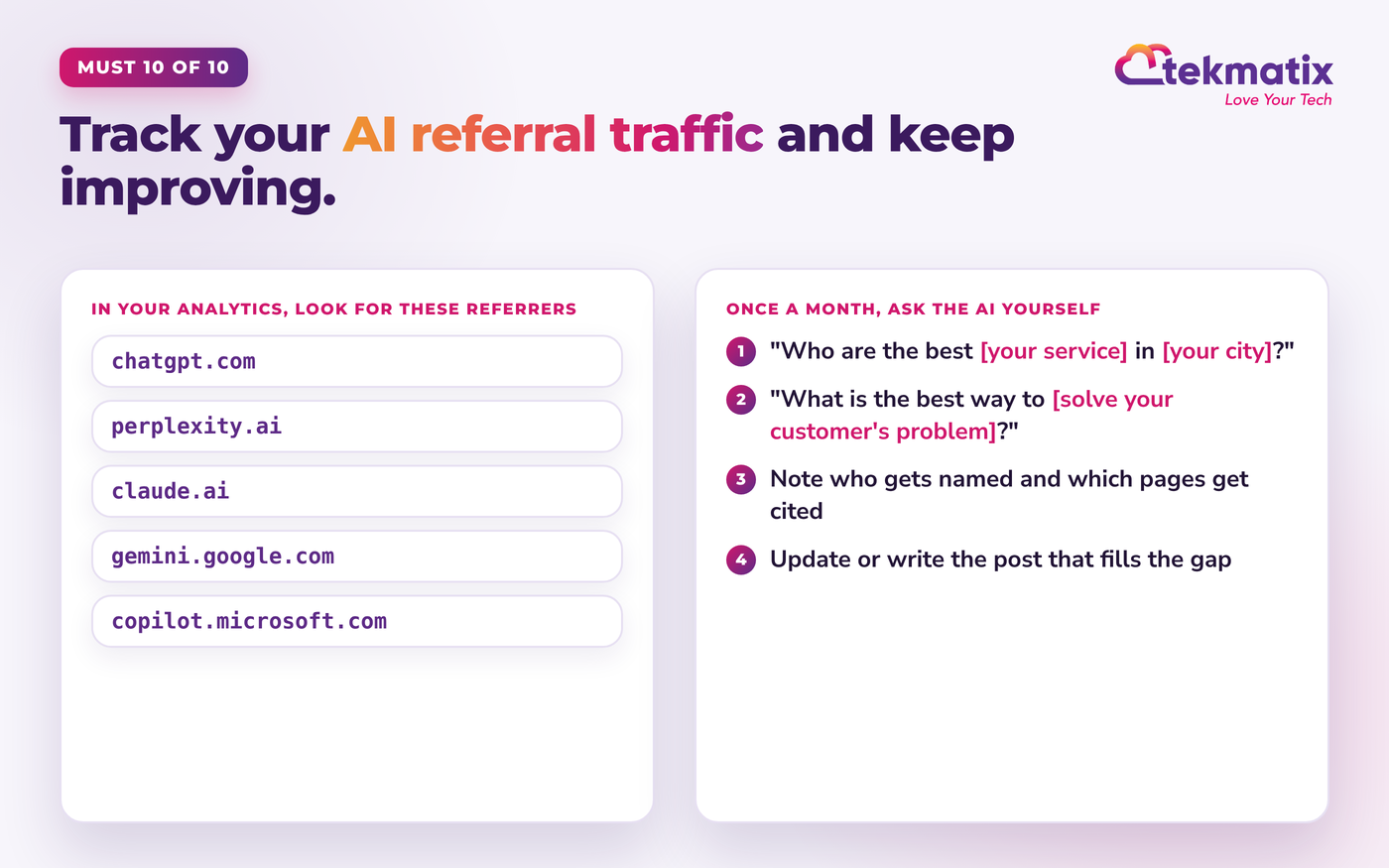 Checklist of AI referrers to look for in your analytics, and four steps to test your visibility in AI assistants each month