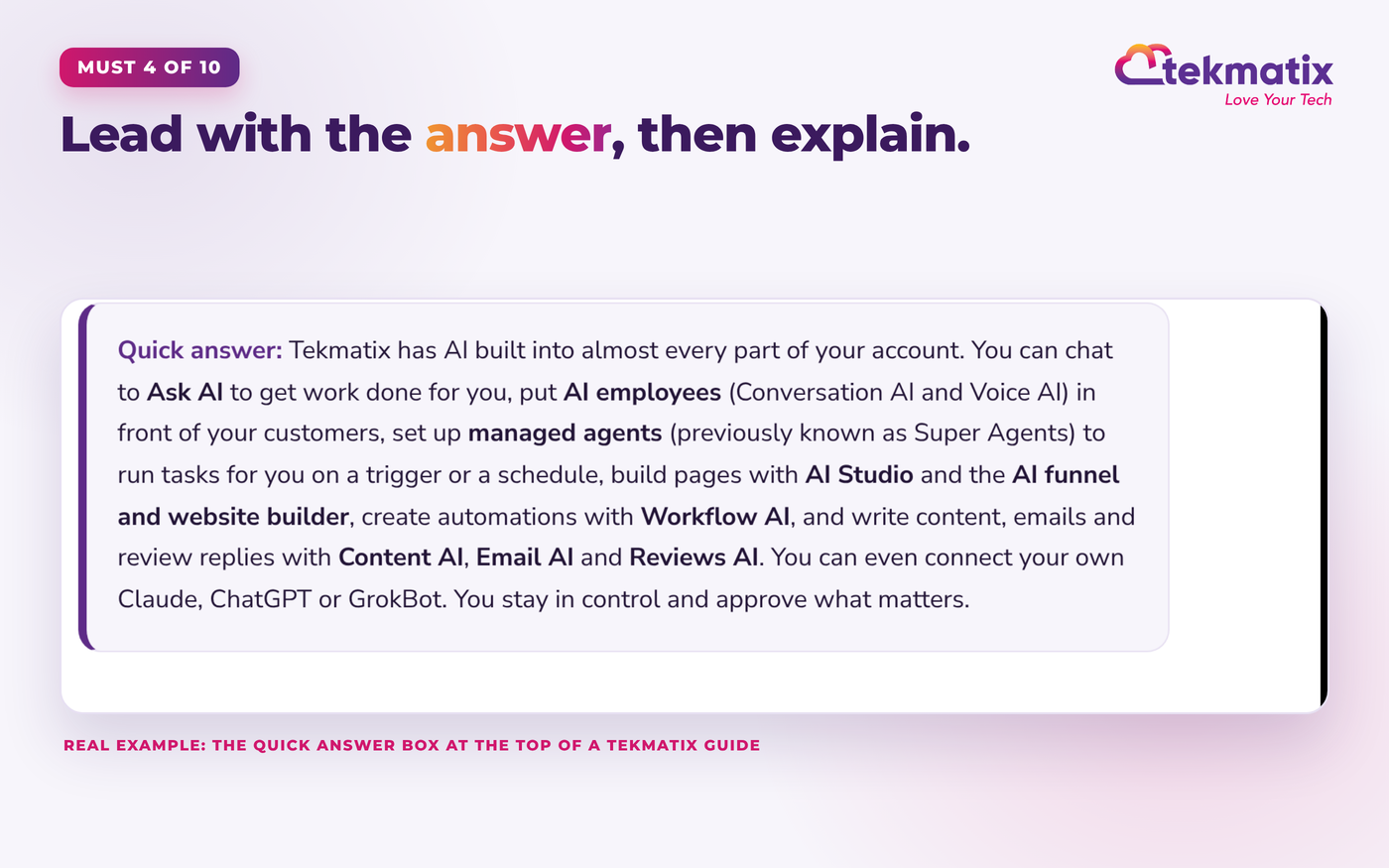 Screenshot of a real Quick answer box at the top of the Tekmatix guide Every Way to Use AI in Tekmatix