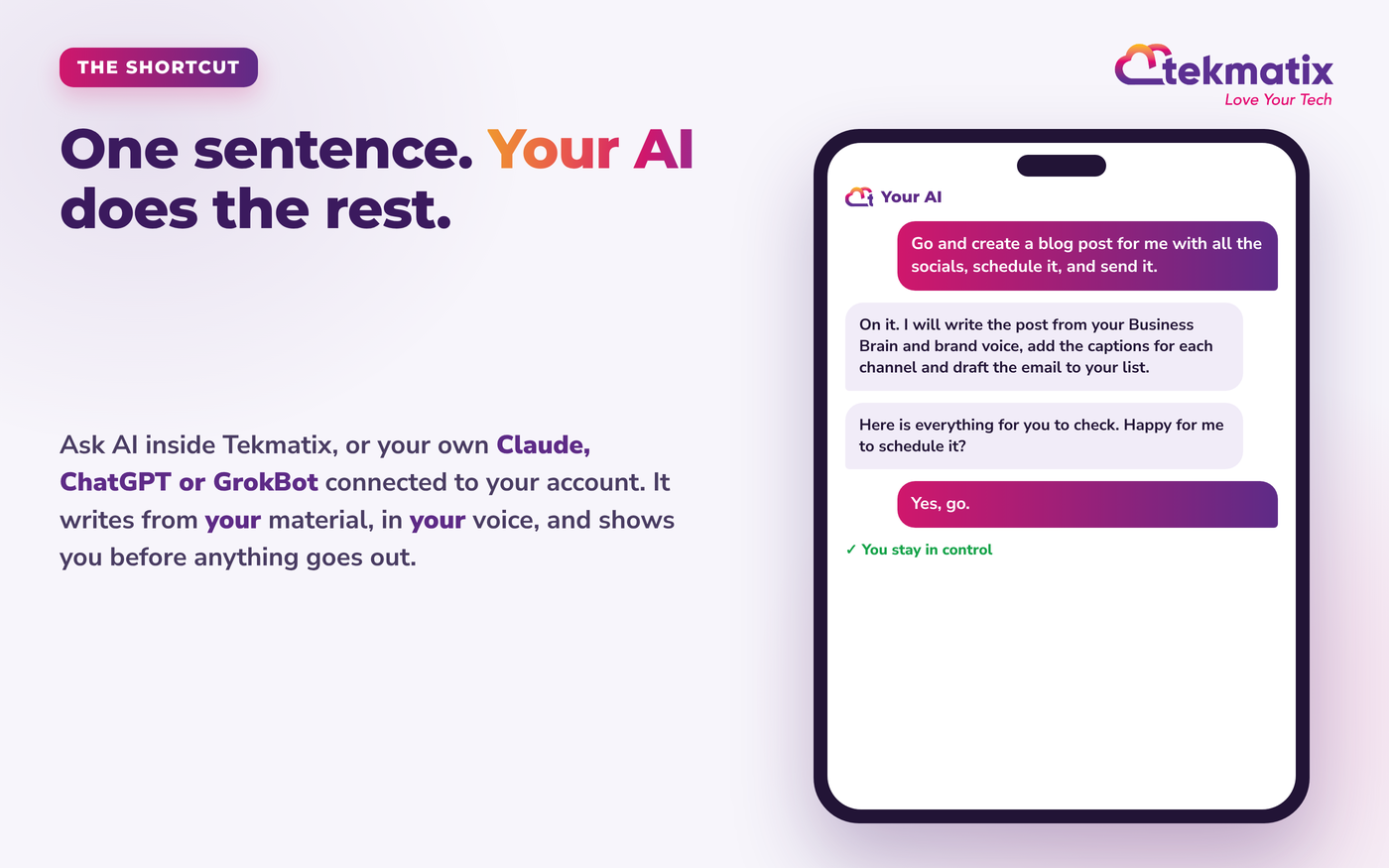 Illustration of a phone chat where the business owner asks their AI to create a blog post with all the socials, schedule it and send it, and the AI drafts everything for approval