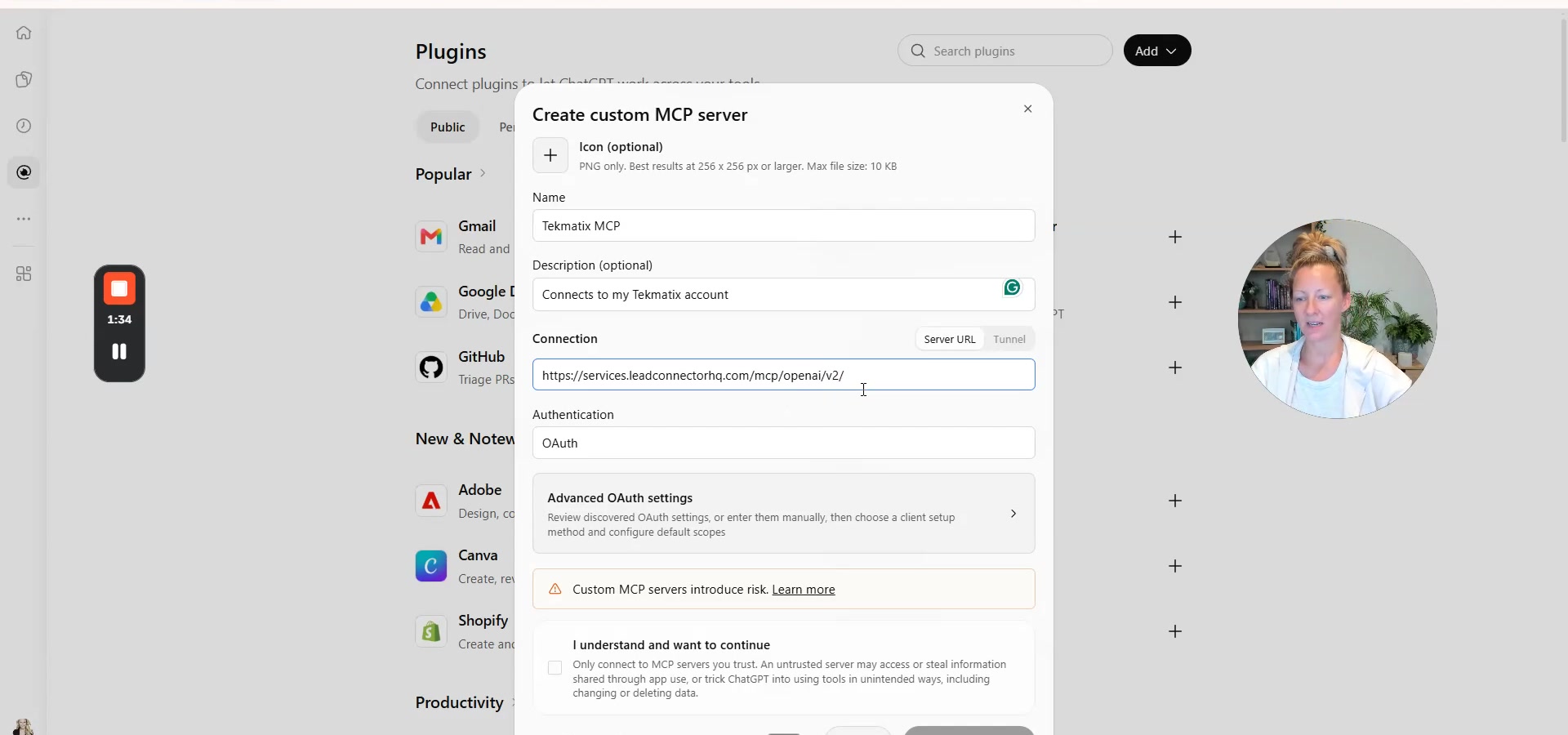 Tekmatix connection name, description and OpenAI MCP URL