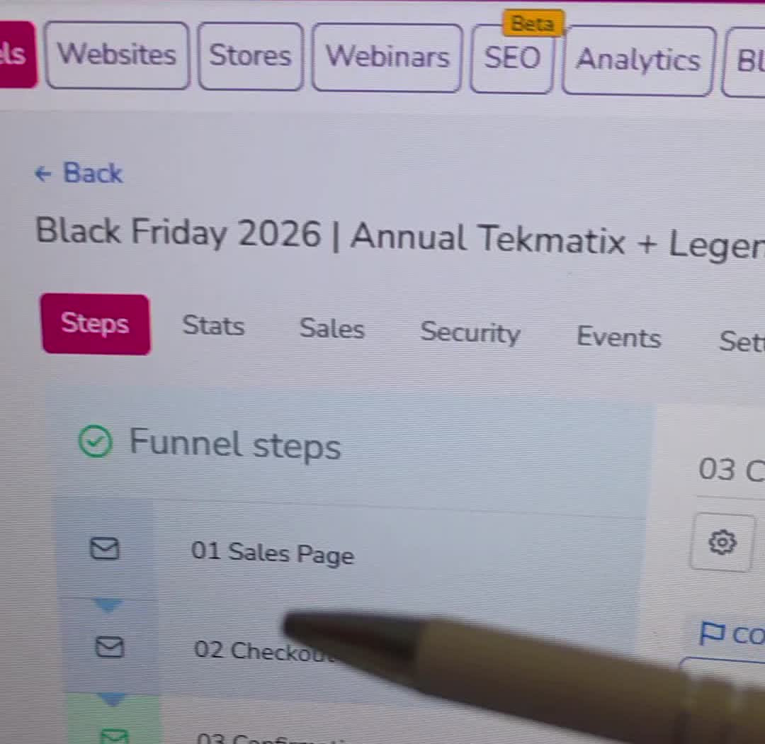 Tekmatix funnel steps in Sarah’s demonstration showing the sales page and checkout