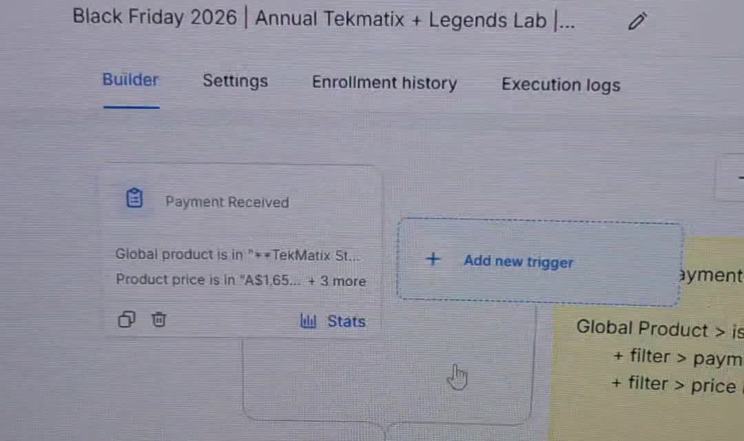 Payment Received trigger with product and price filters in Sarah’s Tekmatix fulfilment workflow demonstration