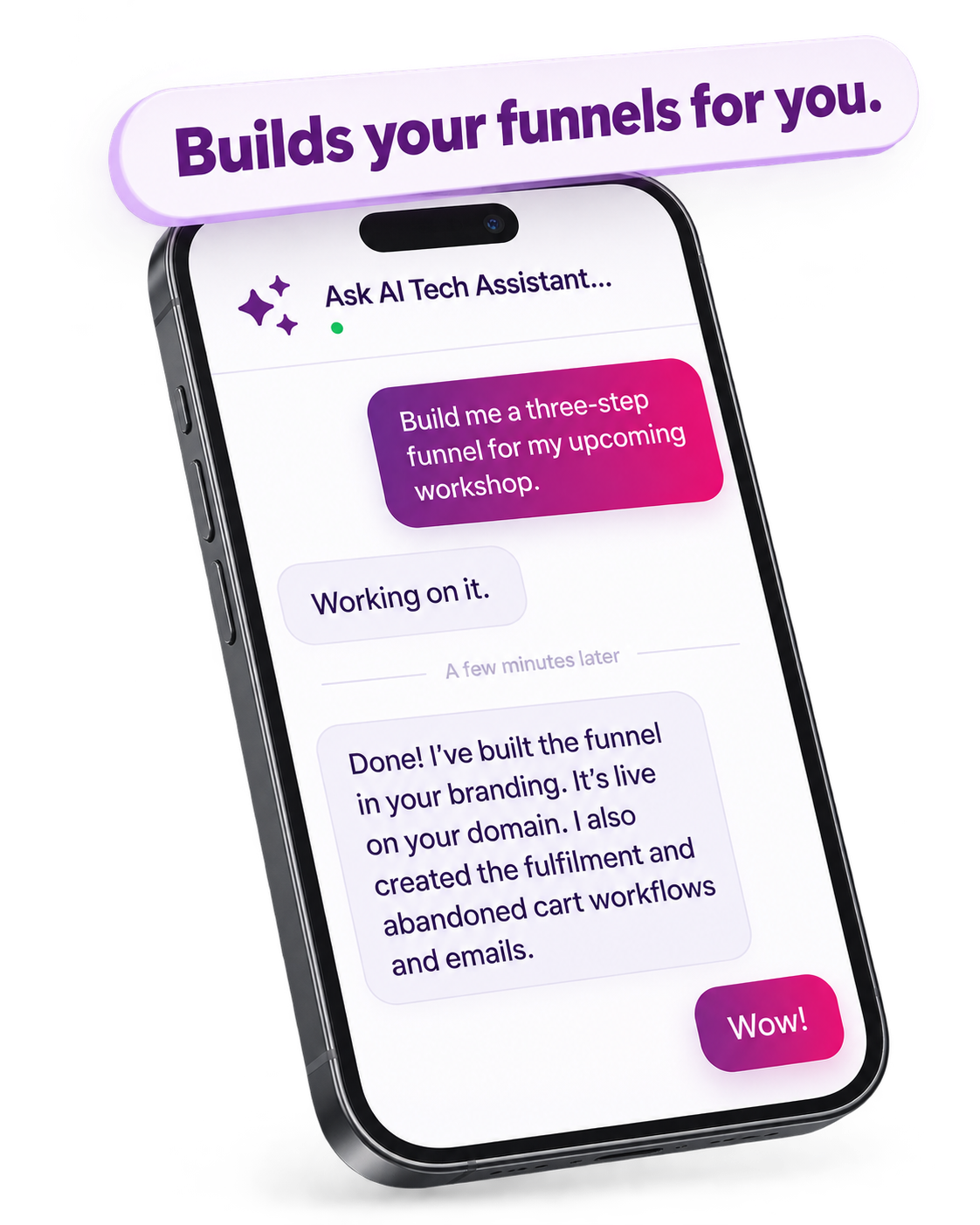 Ask AI building a funnel inside Tekmatix on a mobile phone