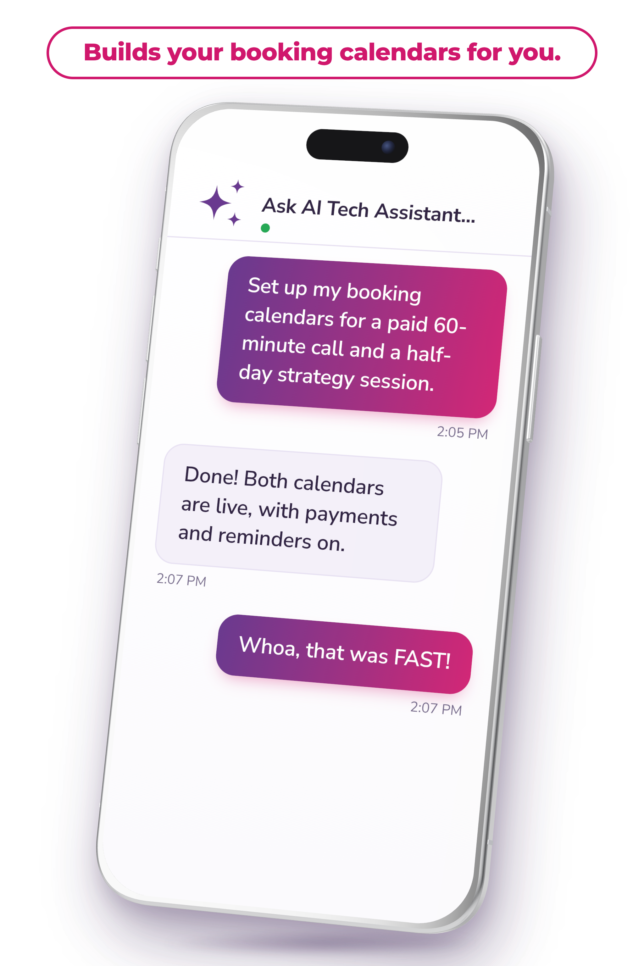 Ask AI setting up booking calendars inside Tekmatix on a mobile phone