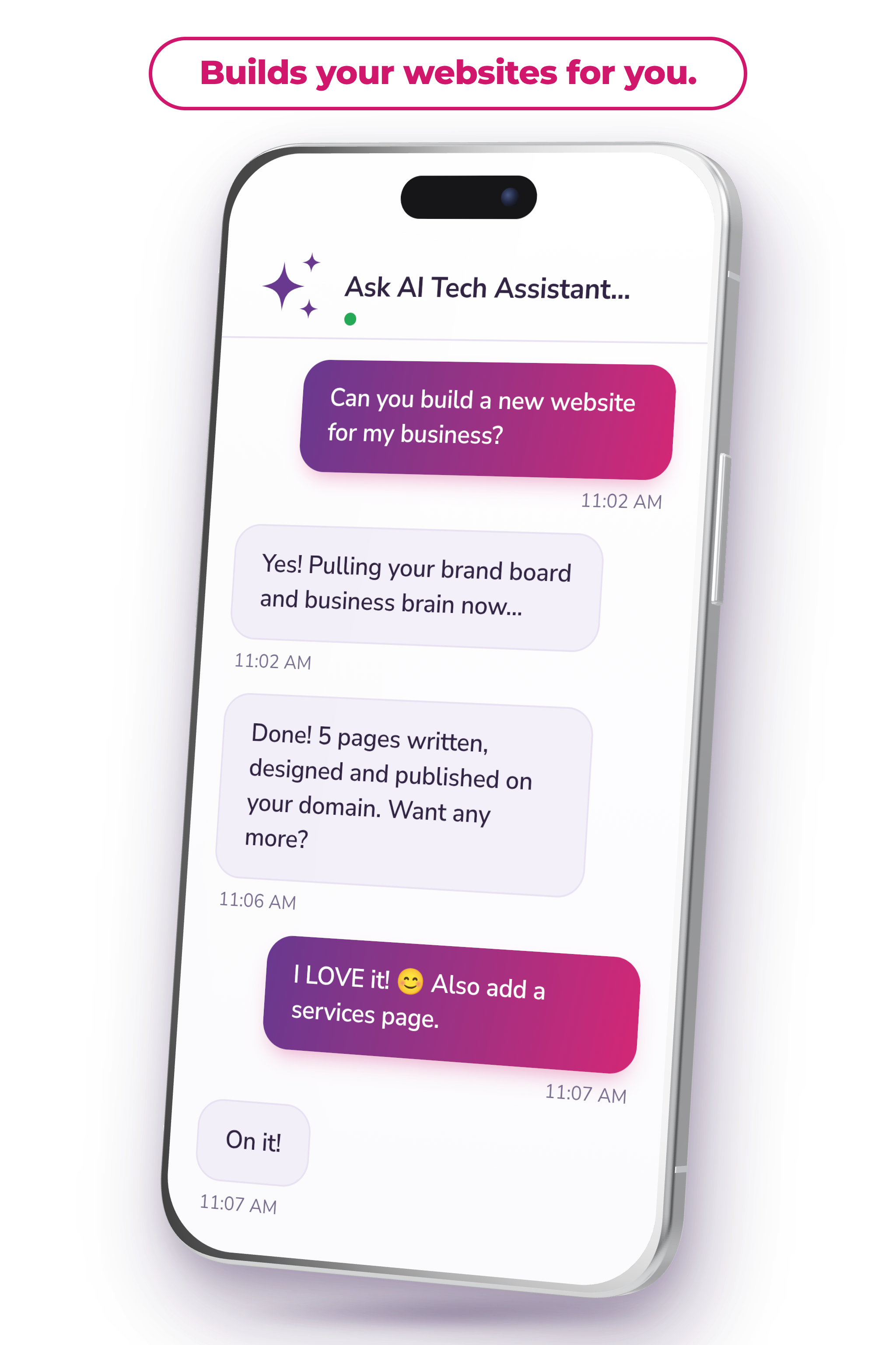 Ask AI building a website inside Tekmatix on a mobile phone