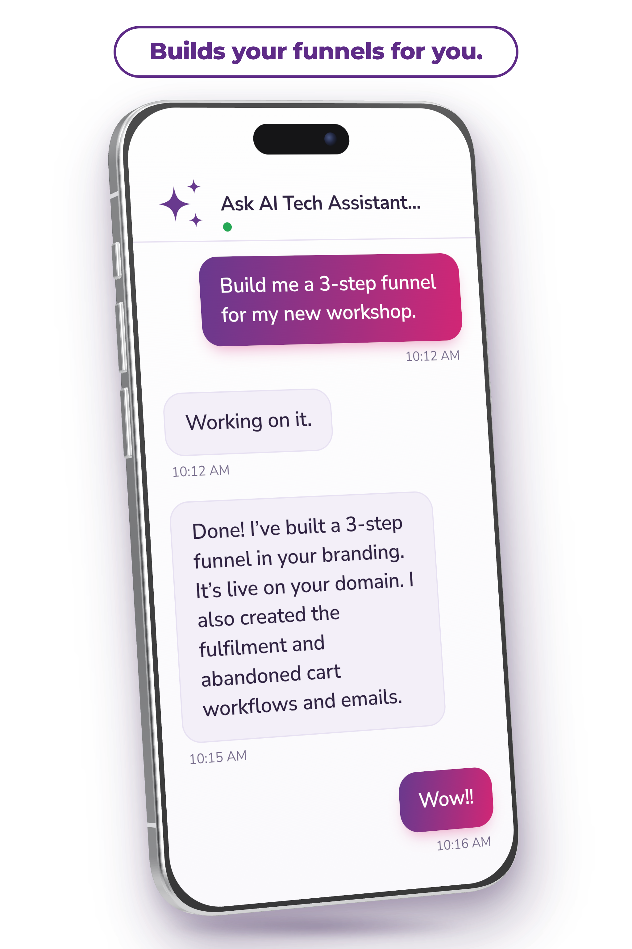 Ask AI building a sales funnel inside Tekmatix on a mobile phone