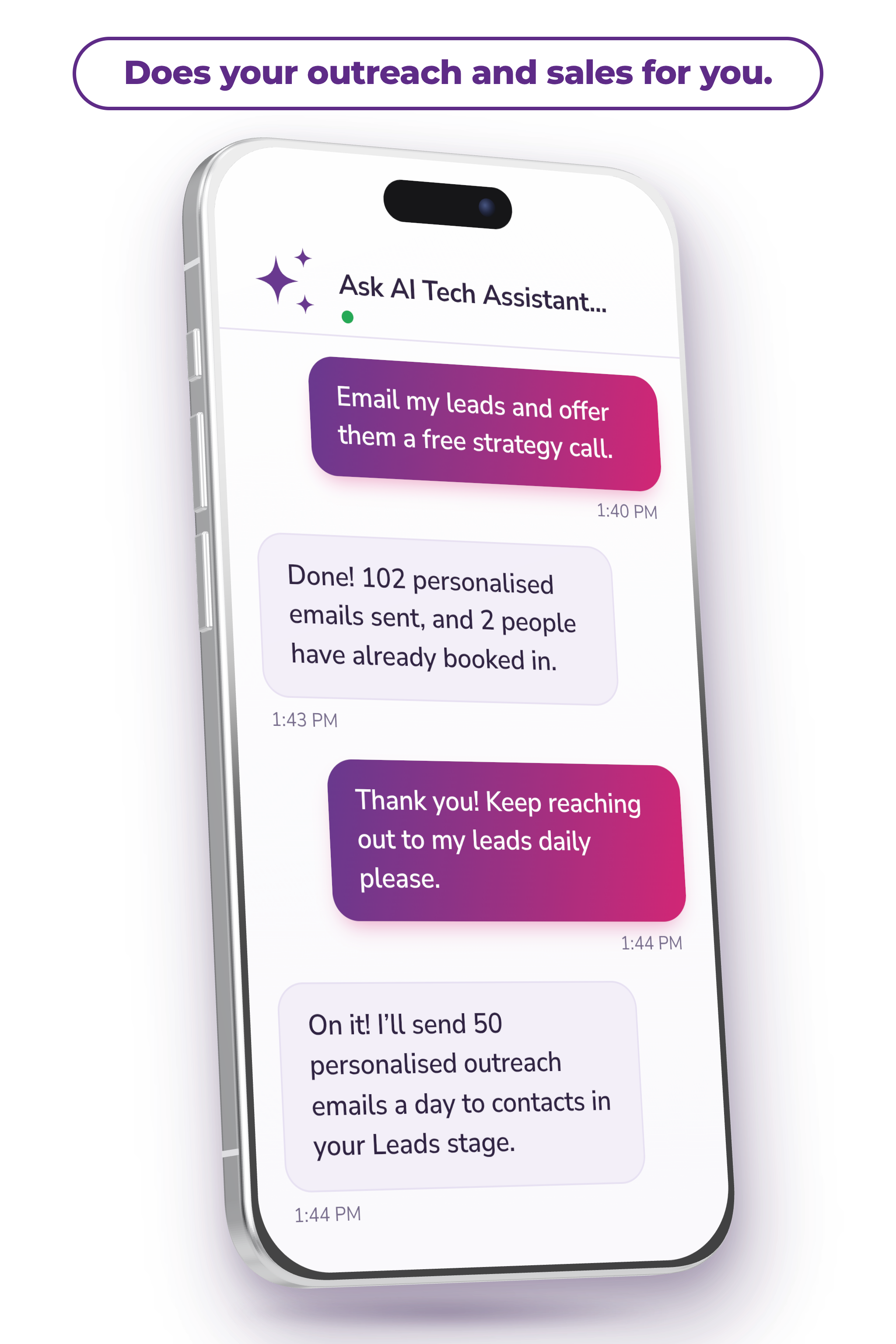 Ask AI sending personalised outreach to leads inside Tekmatix on a mobile phone