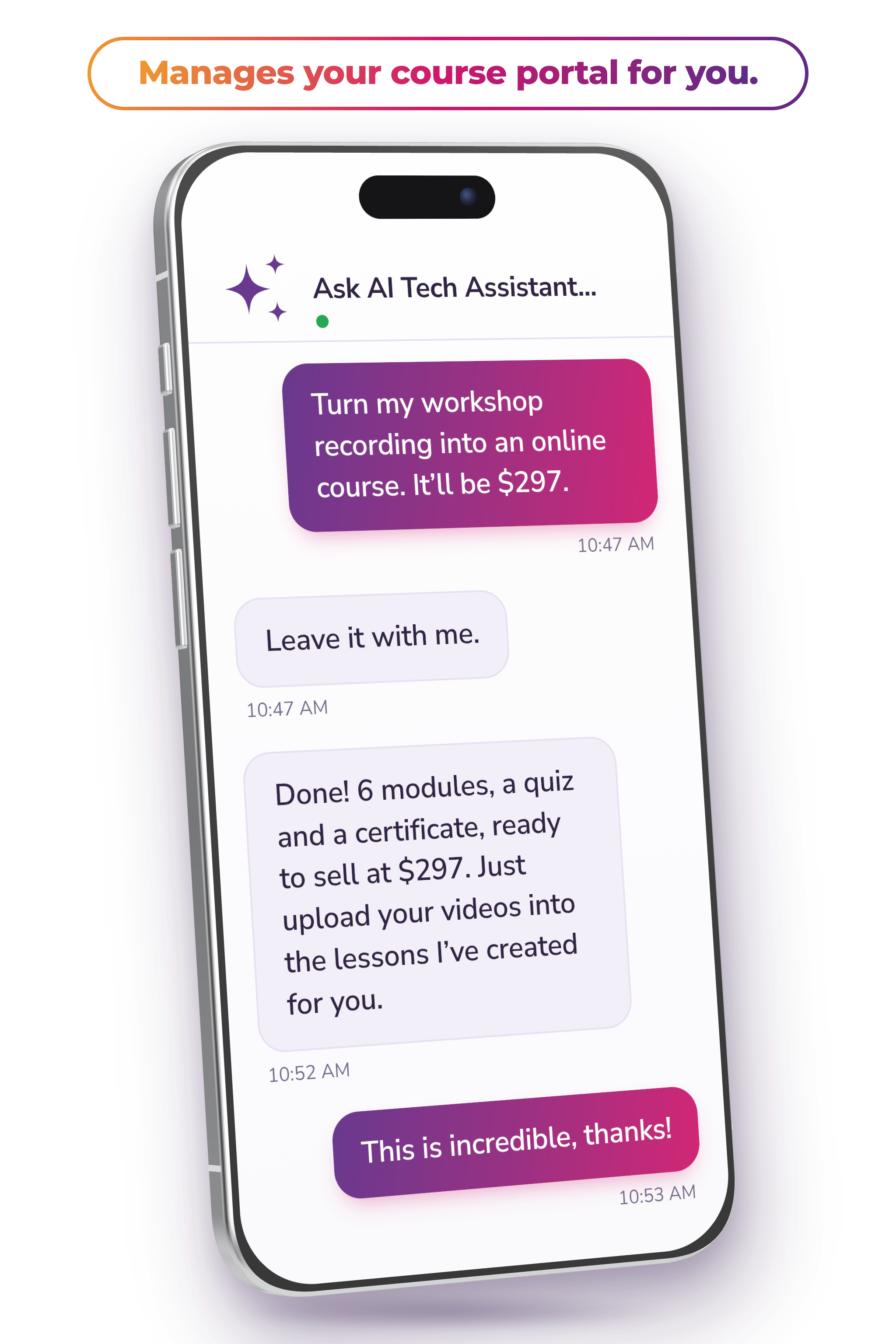 Ask AI building an online course inside Tekmatix on a mobile phone