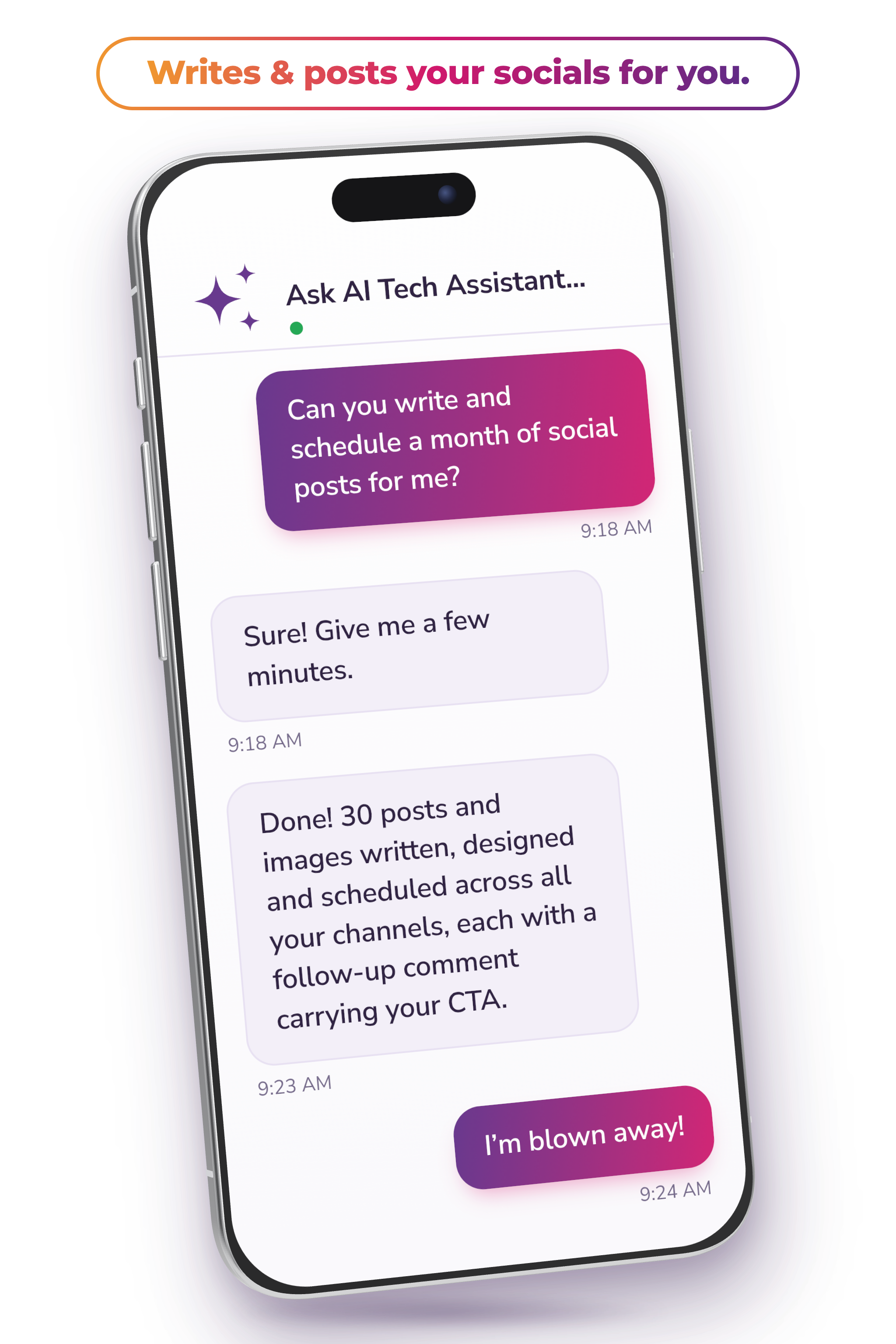 Ask AI writing and scheduling social media posts inside Tekmatix on a mobile phone