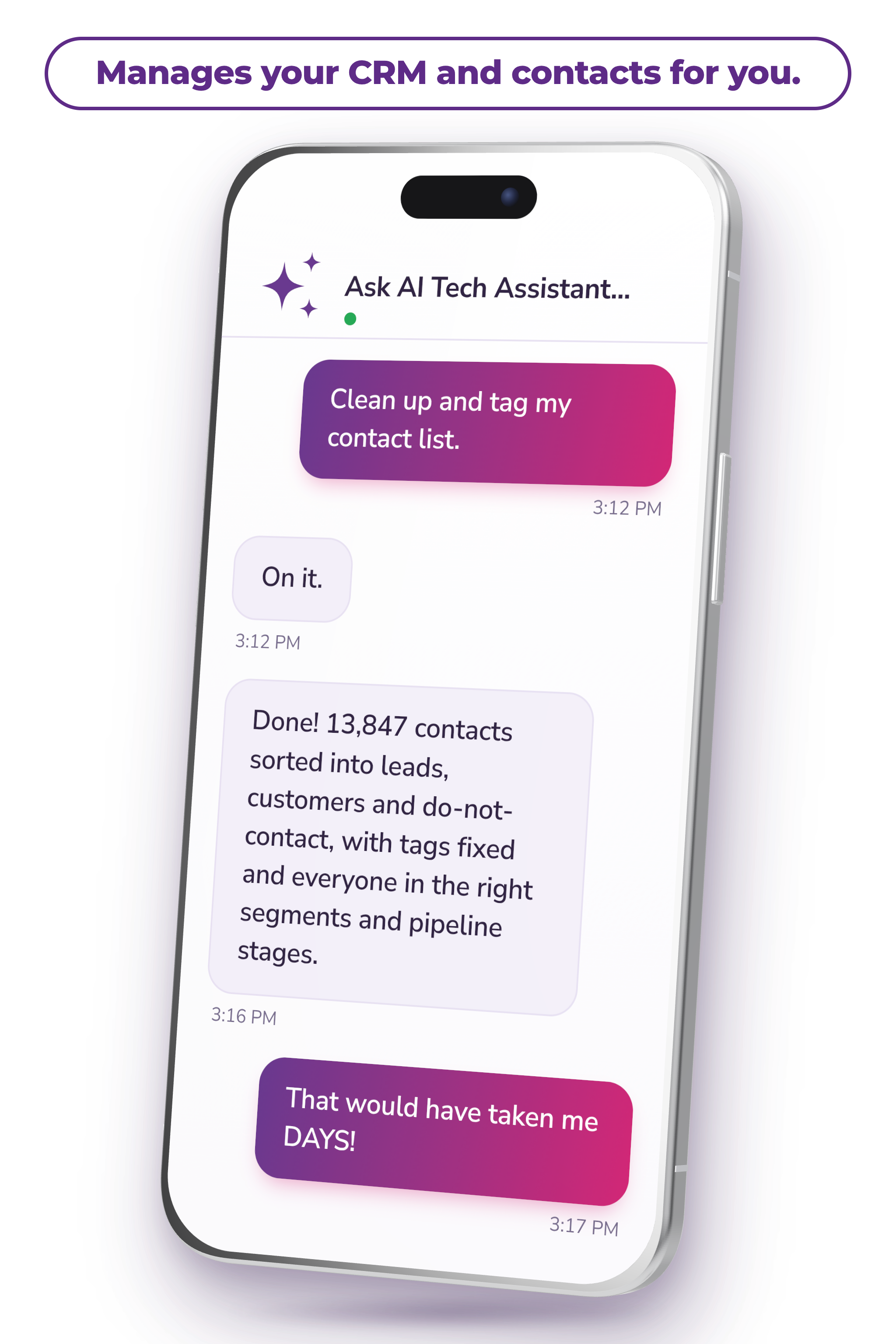 Ask AI cleaning and tagging CRM contacts inside Tekmatix on a mobile phone