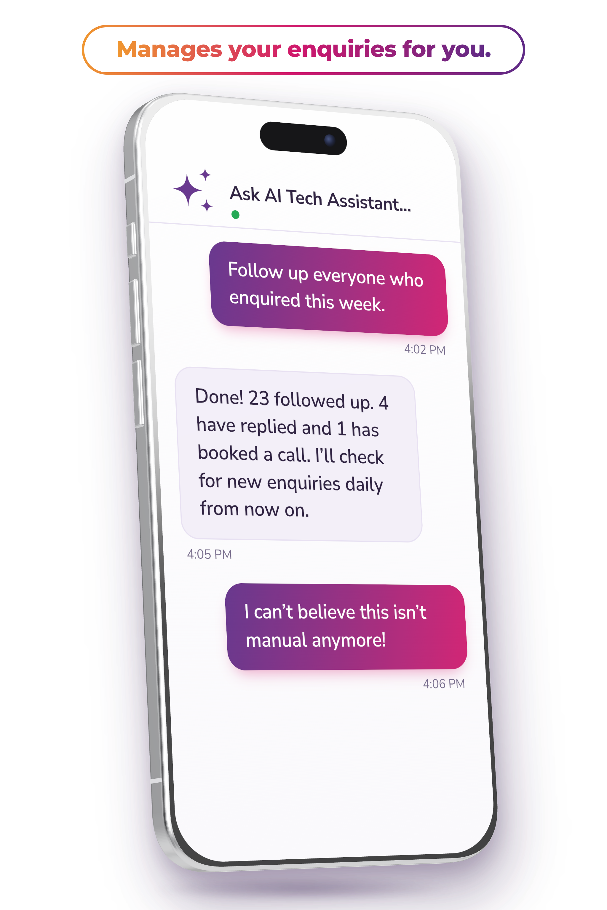 Ask AI following up new enquiries inside Tekmatix on a mobile phone