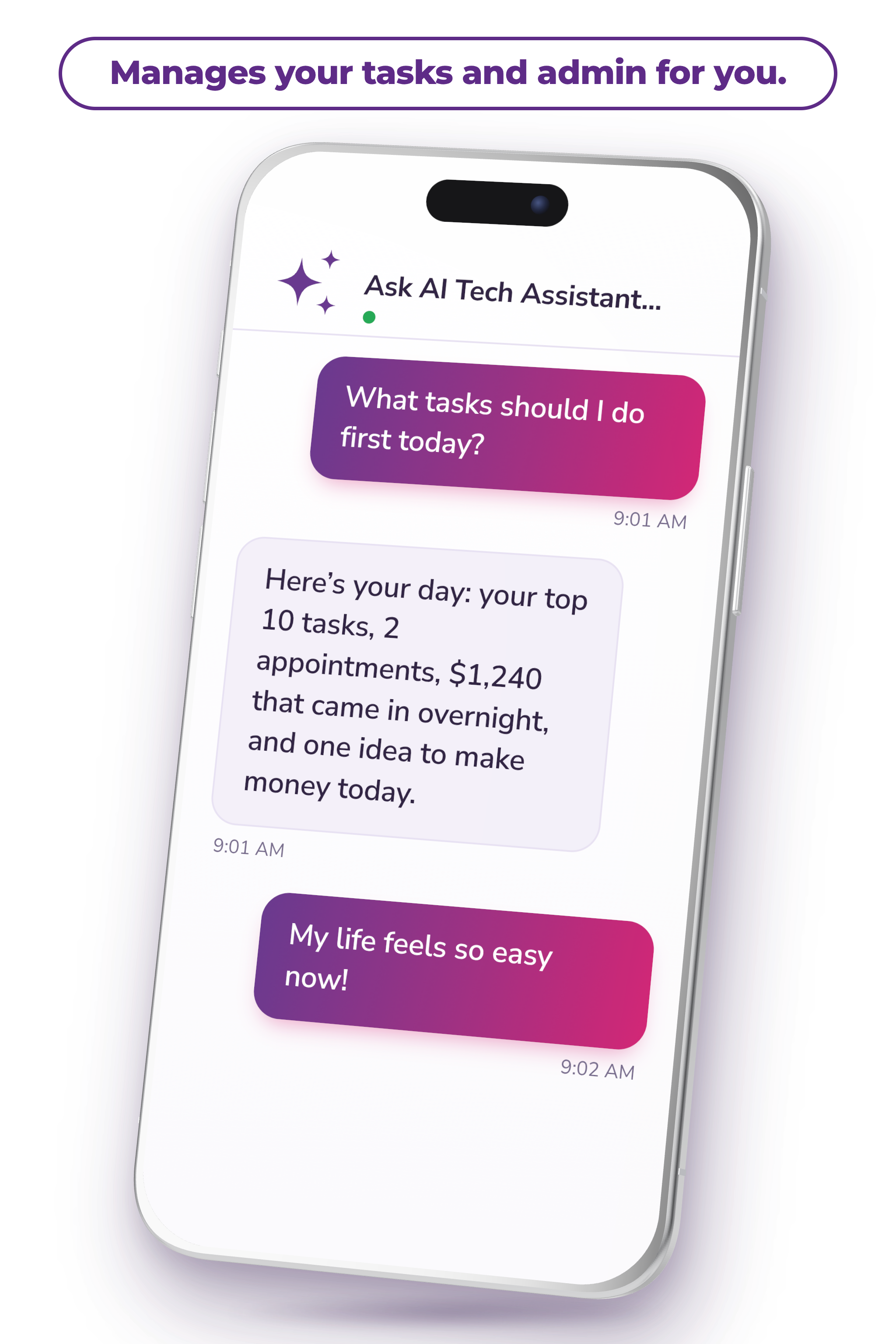 Ask AI handling daily tasks and admin inside Tekmatix on a mobile phone