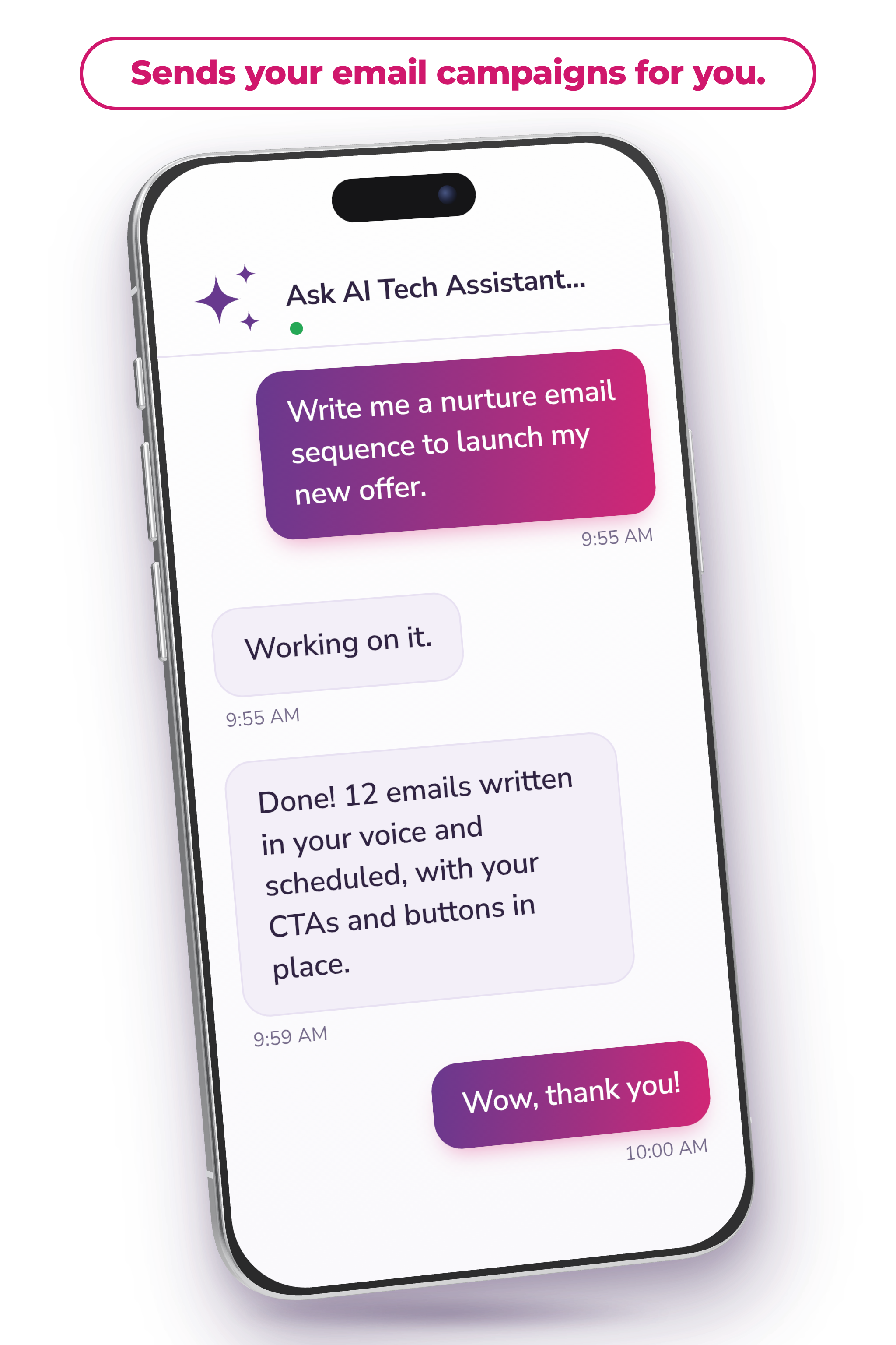 Ask AI writing an email campaign inside Tekmatix on a mobile phone
