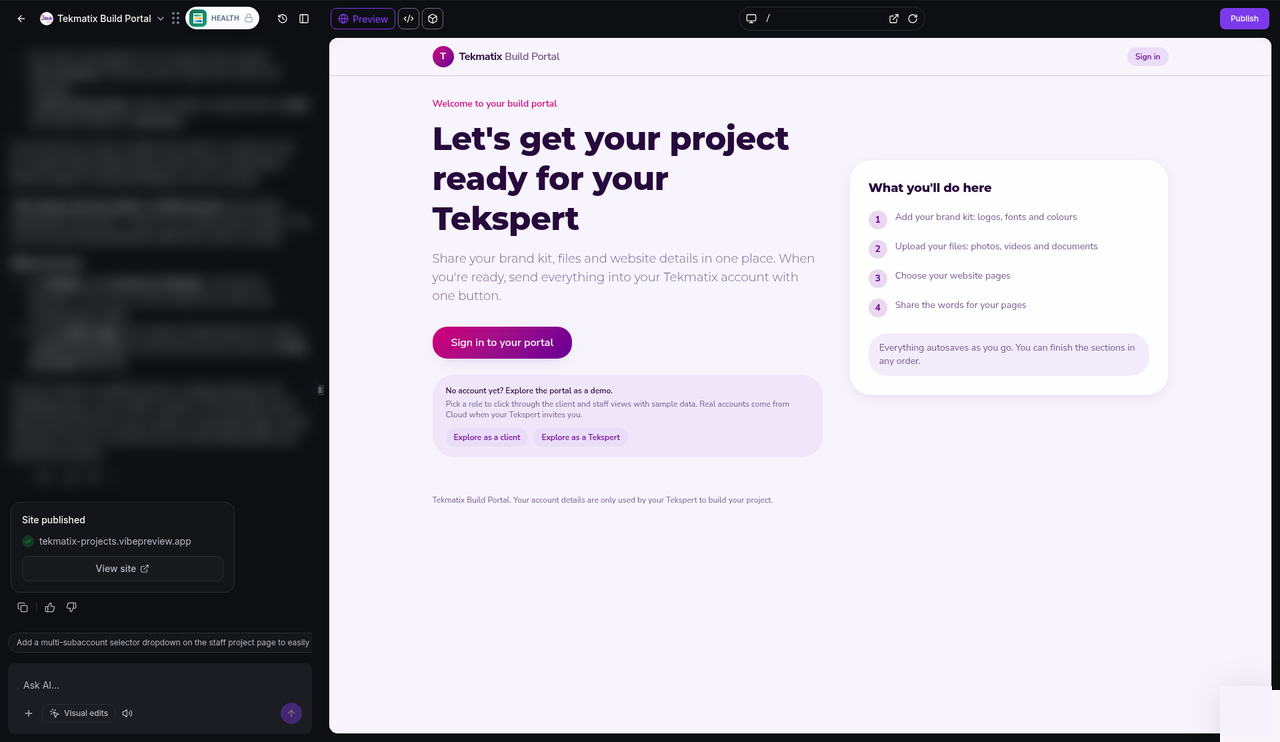 AI Studio in Tekmatix with the chat panel on the left and a live preview of a published web page on the right