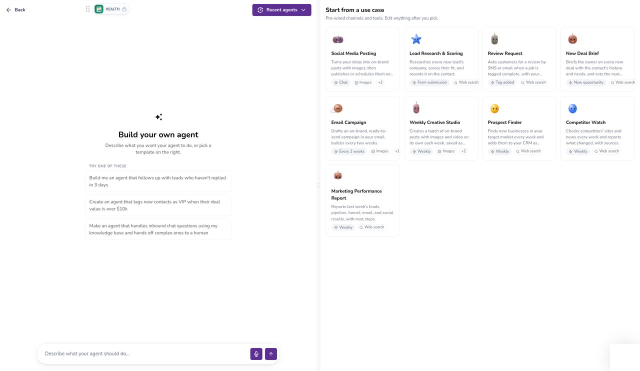 Build your own agent screen in Tekmatix with a describe-your-agent prompt box and a Start from a use case template grid