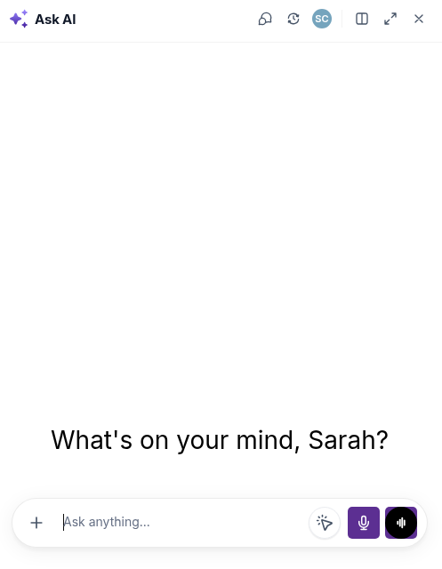 Ask AI in Tekmatix showing the empty chat with the question What's on your mind and an Ask anything box with voice input