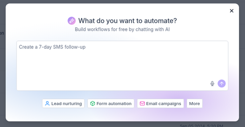 Tekmatix workflow screen asking What do you want to automate with a prompt box and suggestion chips