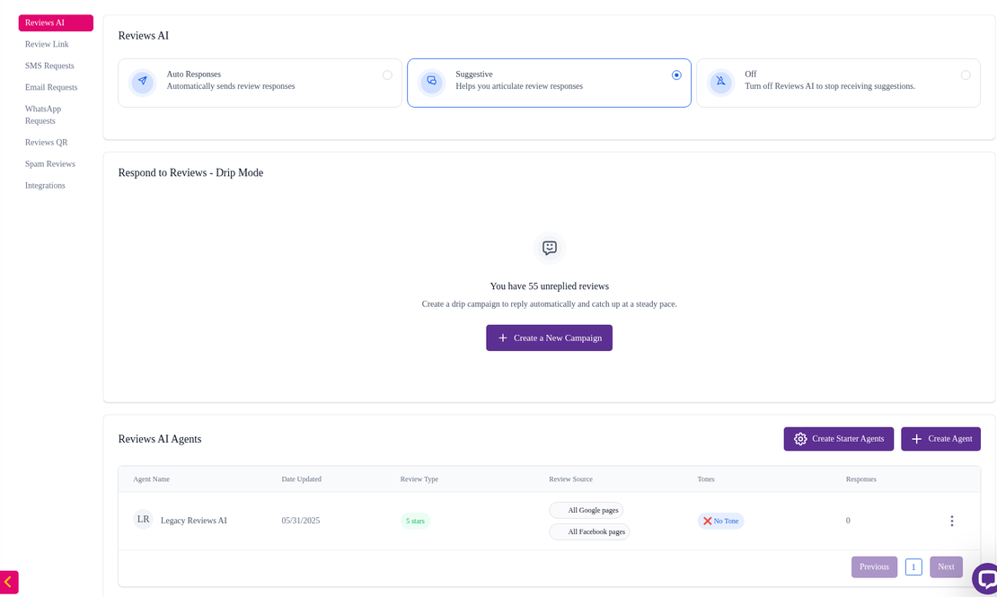 Reviews AI settings in Tekmatix showing Auto Responses, Suggestive and Off modes and the Drip Mode campaign for unreplied reviews