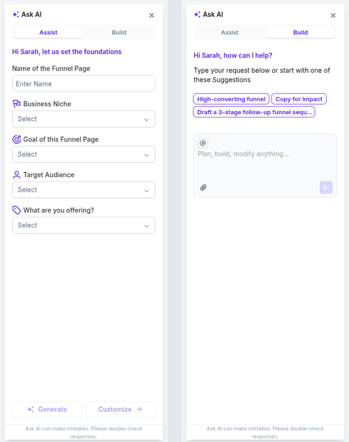 Ask AI panel in the Tekmatix funnel builder showing the Assist tab with guided fields and the Build tab with a free prompt
