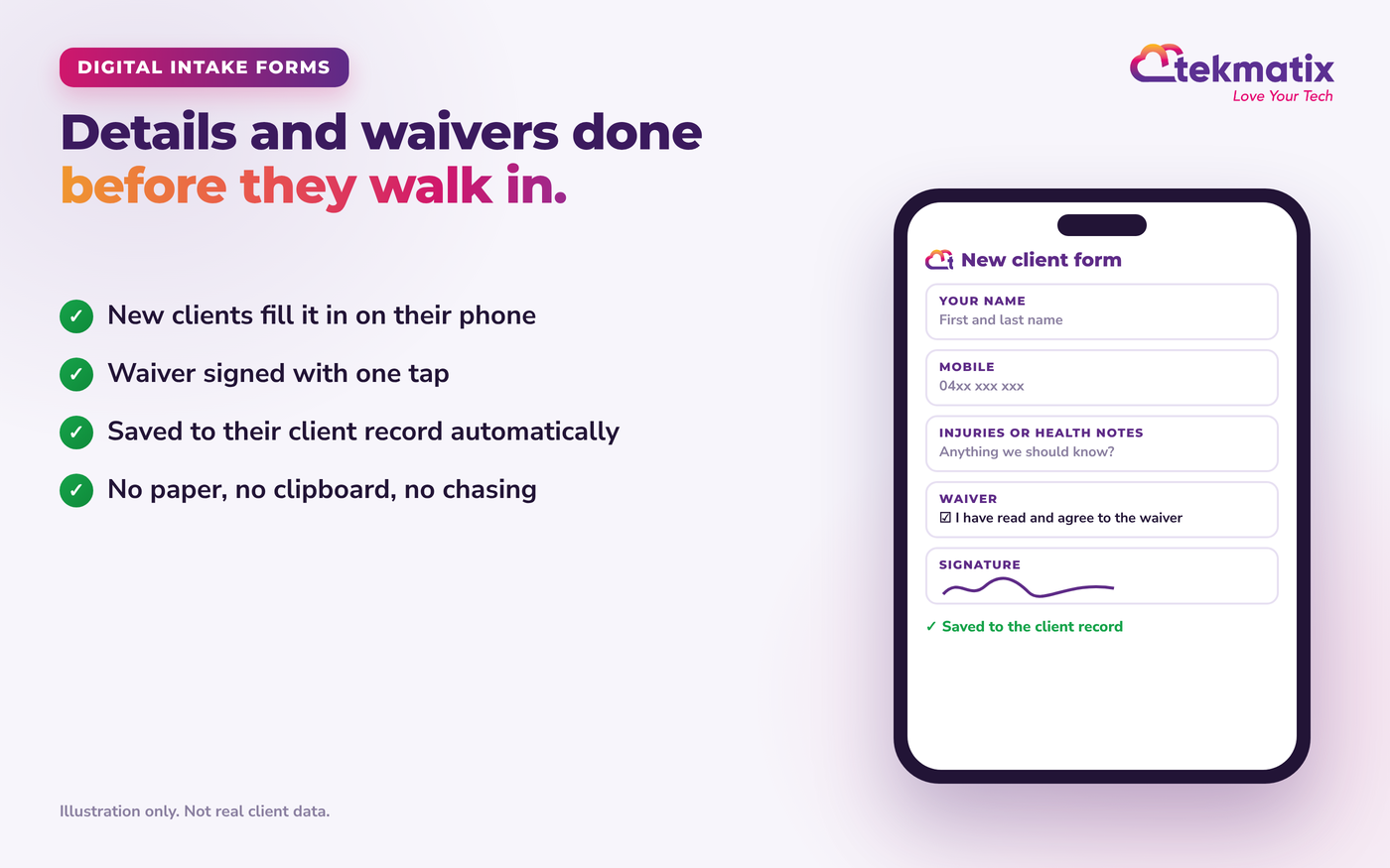 Phone showing a digital client intake form with a waiver and signature