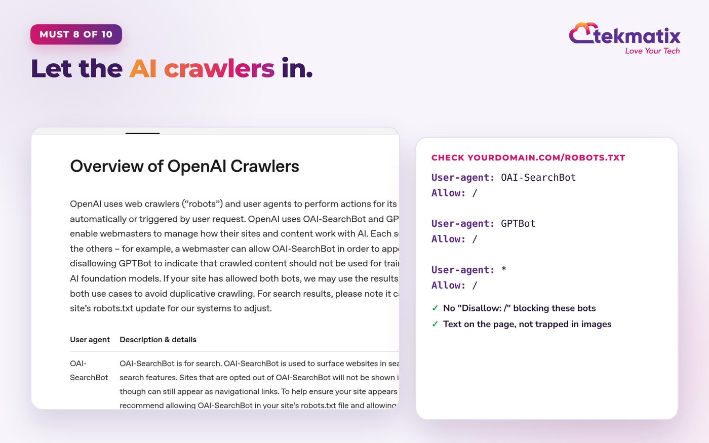 Screenshot of OpenAI's crawler overview page explaining OAI-SearchBot, next to a sample robots.txt that allows OAI-SearchBot, GPTBot and all other user agents