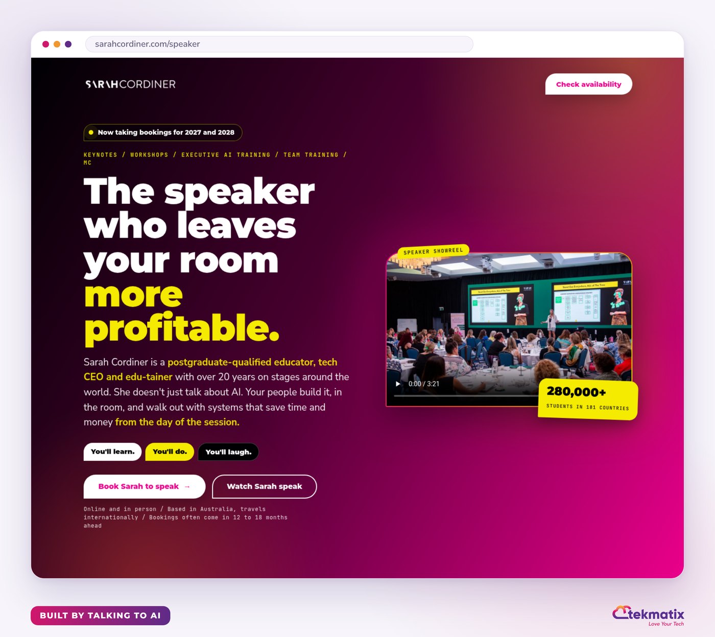 Speaker page built by talking to AI in Tekmatix