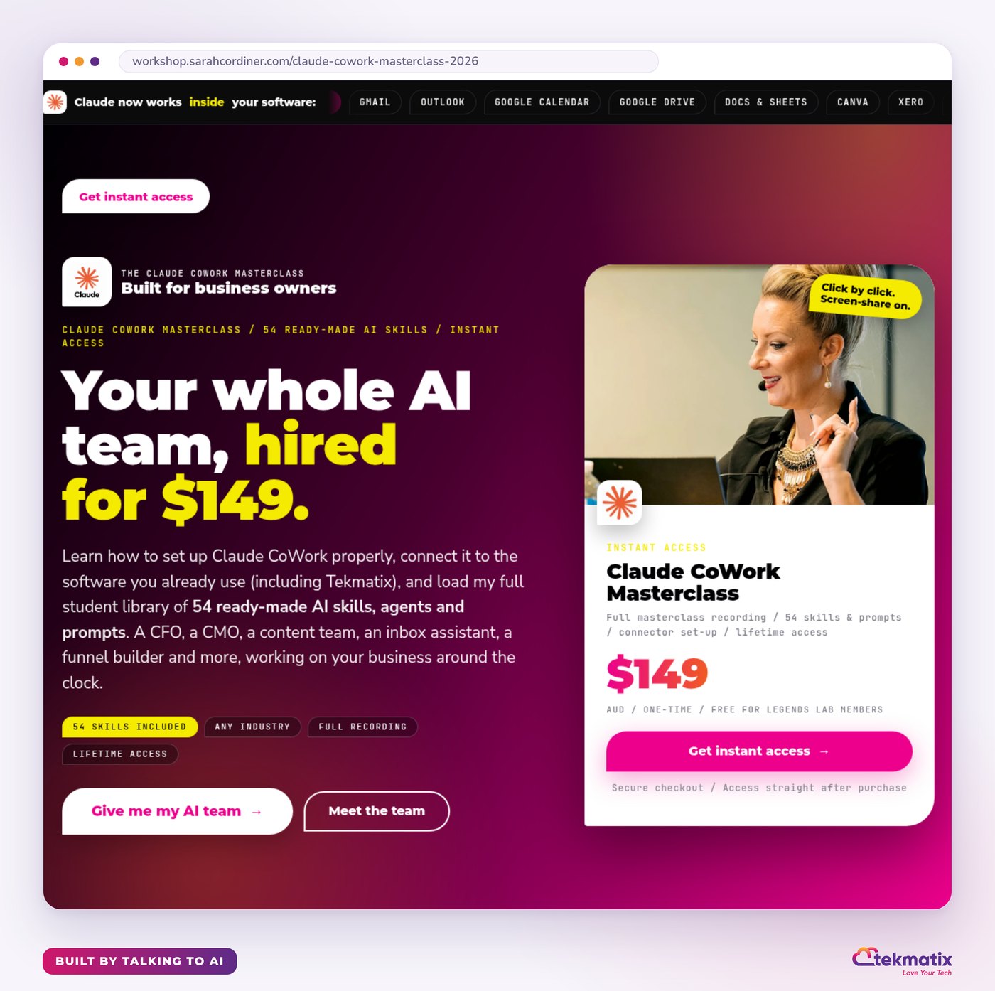 Claude CoWork Masterclass sales page built by talking to AI in Tekmatix
