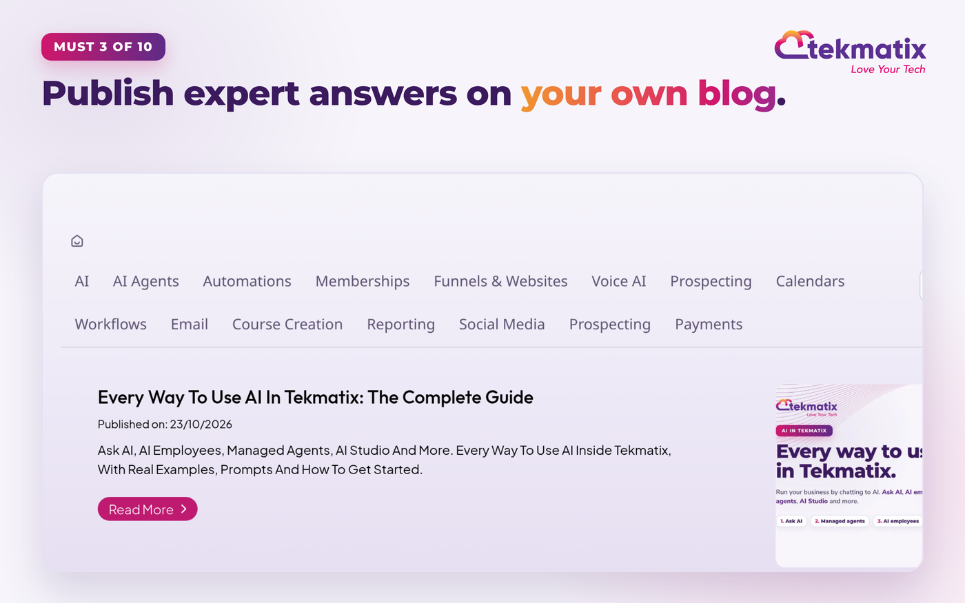 Screenshot of the Tekmatix Blogs and Articles page showing recent expert posts with titles, dates, summaries and featured images