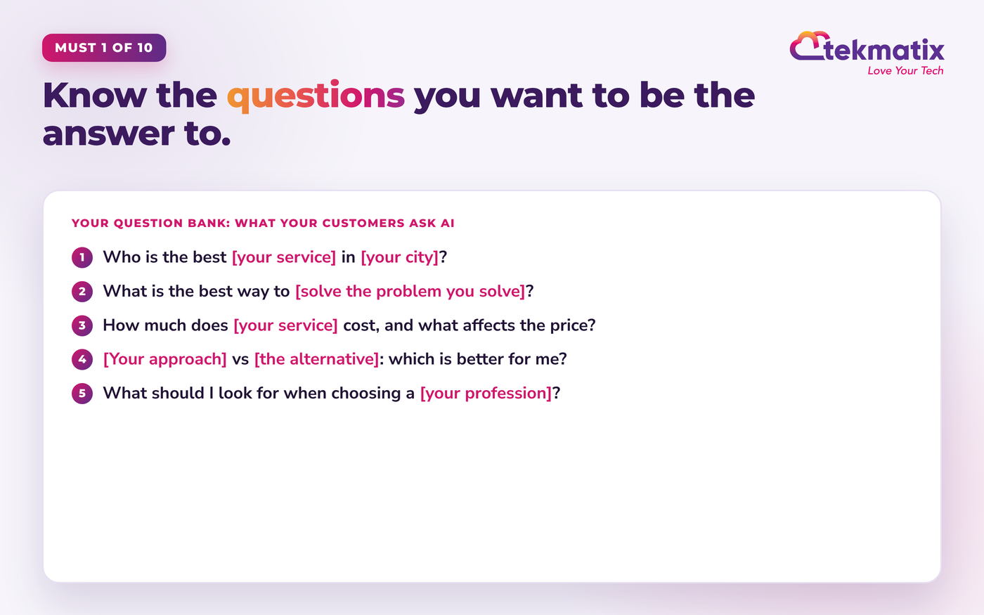 Question bank template showing the five types of questions customers ask AI, with placeholders for your service, city and profession