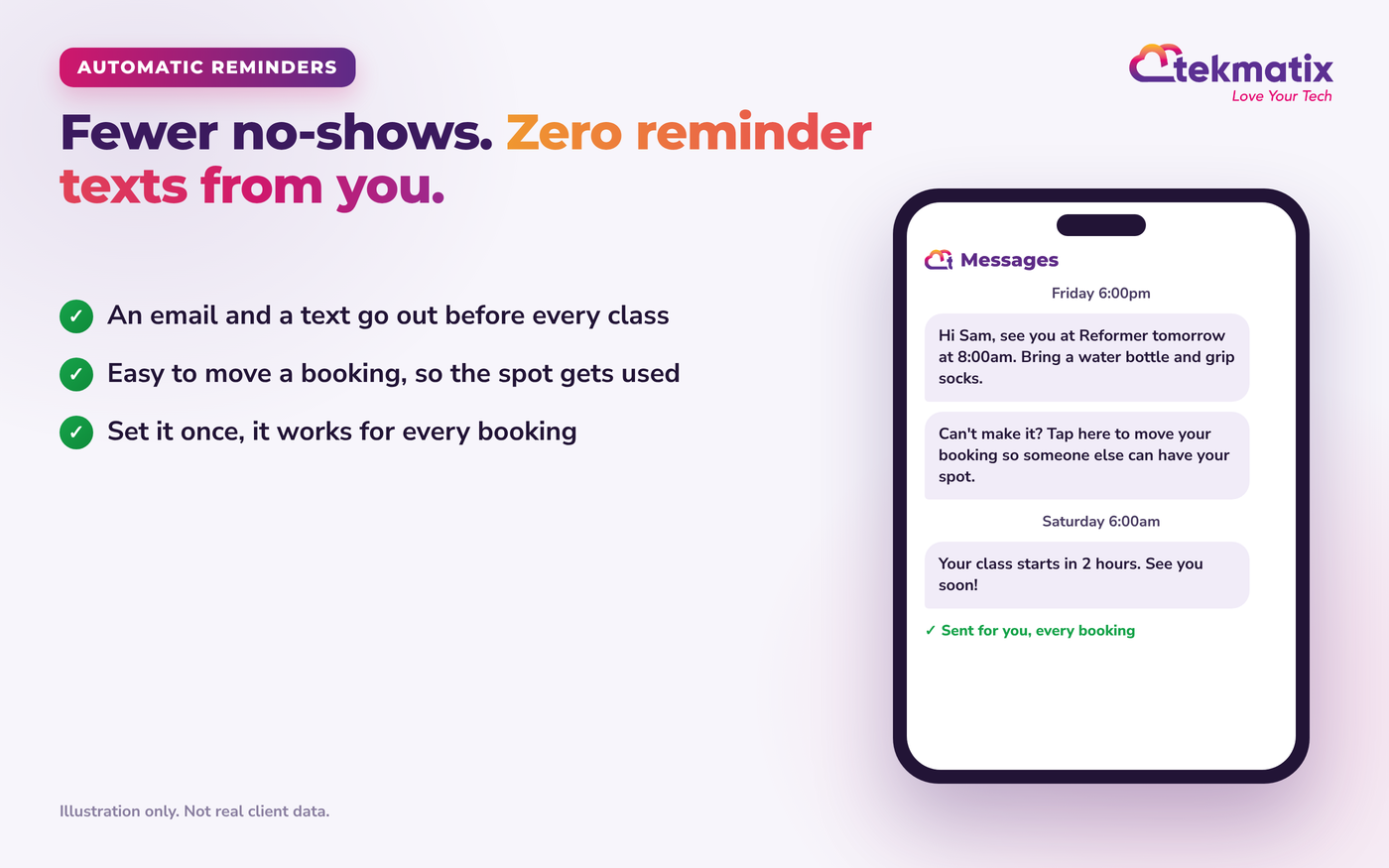 Phone showing automatic text reminders sent before a fitness class