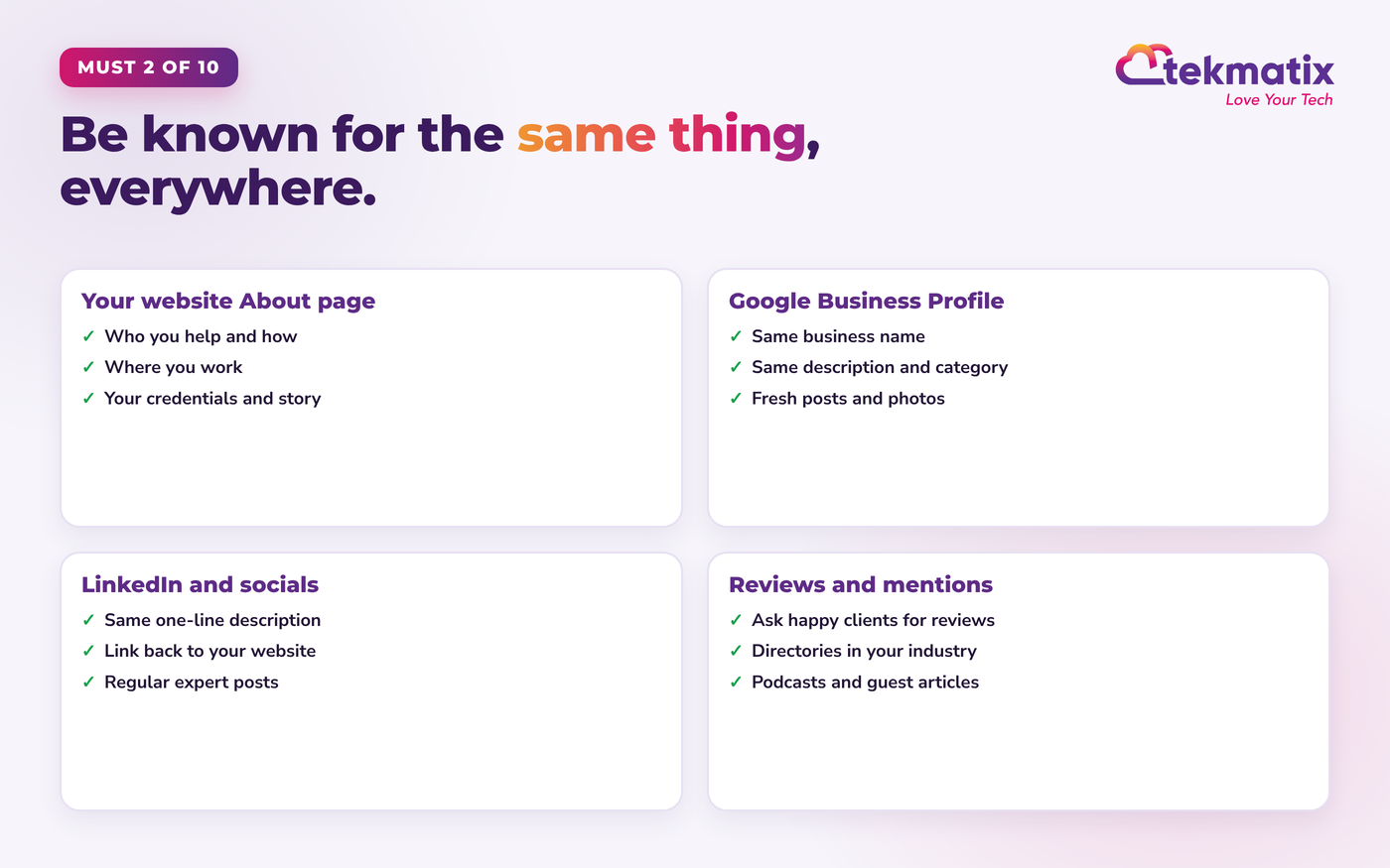 Consistency checklist across your website About page, Google Business Profile, LinkedIn and socials, and reviews and mentions