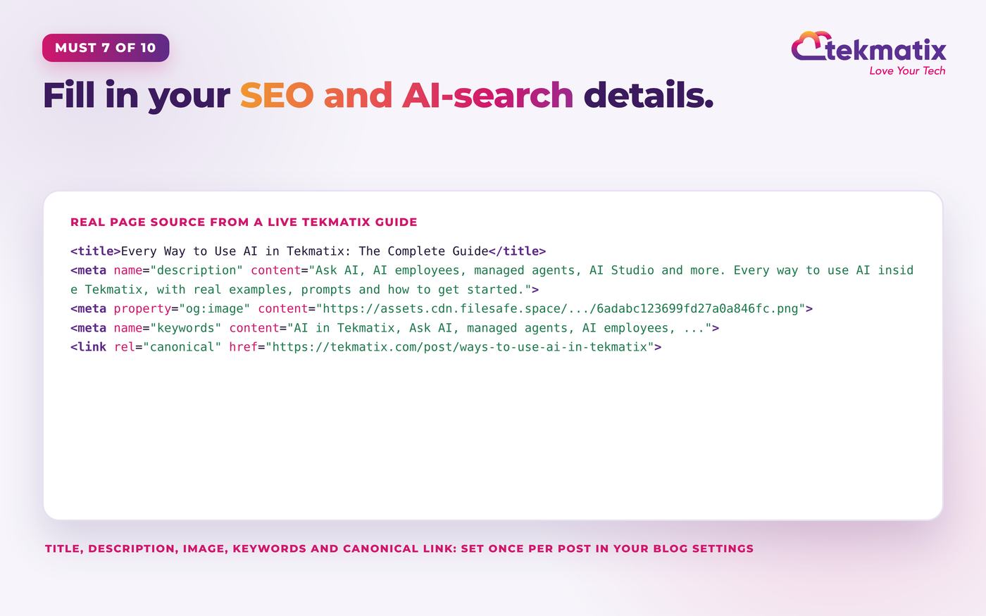 Real page source from a live Tekmatix guide showing the title, meta description, social image, keywords and canonical link