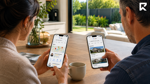Buyer and seller researching real estate online using smartphones at a modern home. One person searches for a local estate agent on Google while the other browses property listings, illustrating how buyers and sellers use Google search, Google Maps, online reviews, and digital property platforms to find trusted real estate professionals and homes for sale.