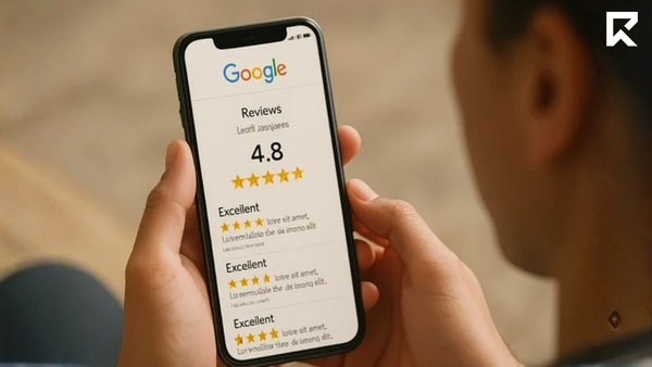 Person viewing Google reviews on a smartphone, showing a high star rating and positive customer feedback. Close-up of a mobile Google Business Profile review page illustrating how online reviews build trust, credibility, and influence consumer decisions when choosing a real estate agent or local business.