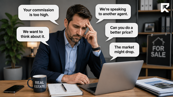 Real estate agent looking concerned while working on a laptop, surrounded by speech bubbles showing common seller objections including 'Your commission is too high,' 'We want to think about it,' and 'We're speaking to another agent.' Real estate agent looking concerned while working on a laptop, surrounded by speech bubbles showing common seller objections including 'Your commission is too high,' 'We want to think about it,' and 'We're speaking to another agent.'