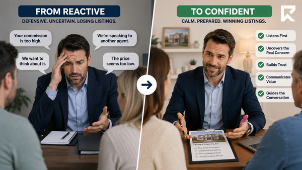 Side-by-side comparison of a reactive and a confident real estate agent, demonstrating how effective objection handling, active listening, and trust-building help agents win more listings. Side-by-side comparison of a reactive and a confident real estate agent, demonstrating how effective objection handling, active listening, and trust-building help agents win more listings.