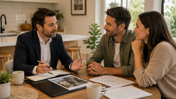 Real estate agent sitting at a table with a couple during a property consultation, discussing documents and building trust during a listing appointment. Real estate agent sitting at a table with a couple during a property consultation, discussing documents and building trust during a listing appointment.