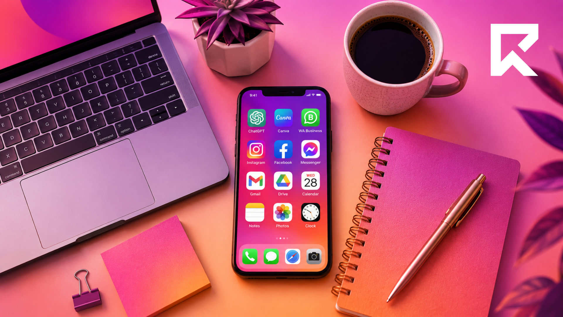 Flat-lay workspace featuring a laptop, smartphone displaying ChatGPT, Canva and WhatsApp Business apps, notebook and coffee, illustrating the essential technology stack for modern real estate agents.